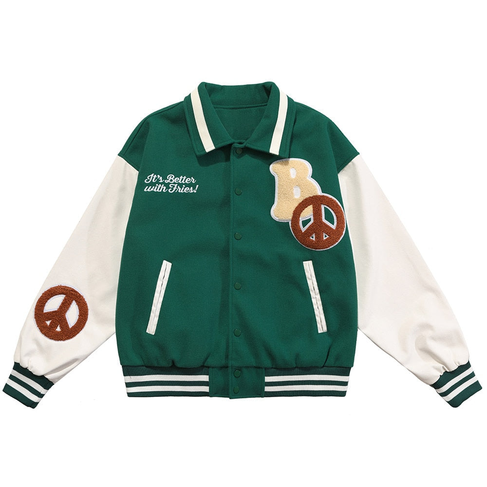 Jacket Men Cartoon Patches Patchwork Color Turn-down Collar Coat Harajuku Vintage College Style Varsity Jackets Outwear