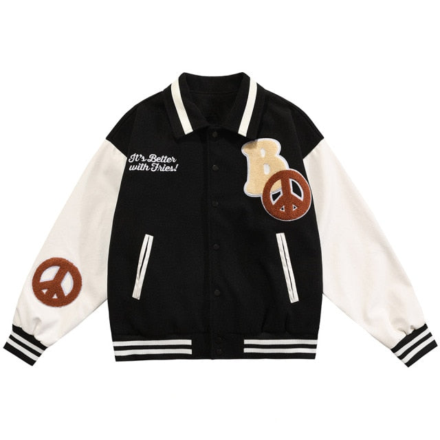 Jacket Men Cartoon Patches Patchwork Color Turn-down Collar Coat Harajuku Vintage College Style Varsity Jackets Outwear